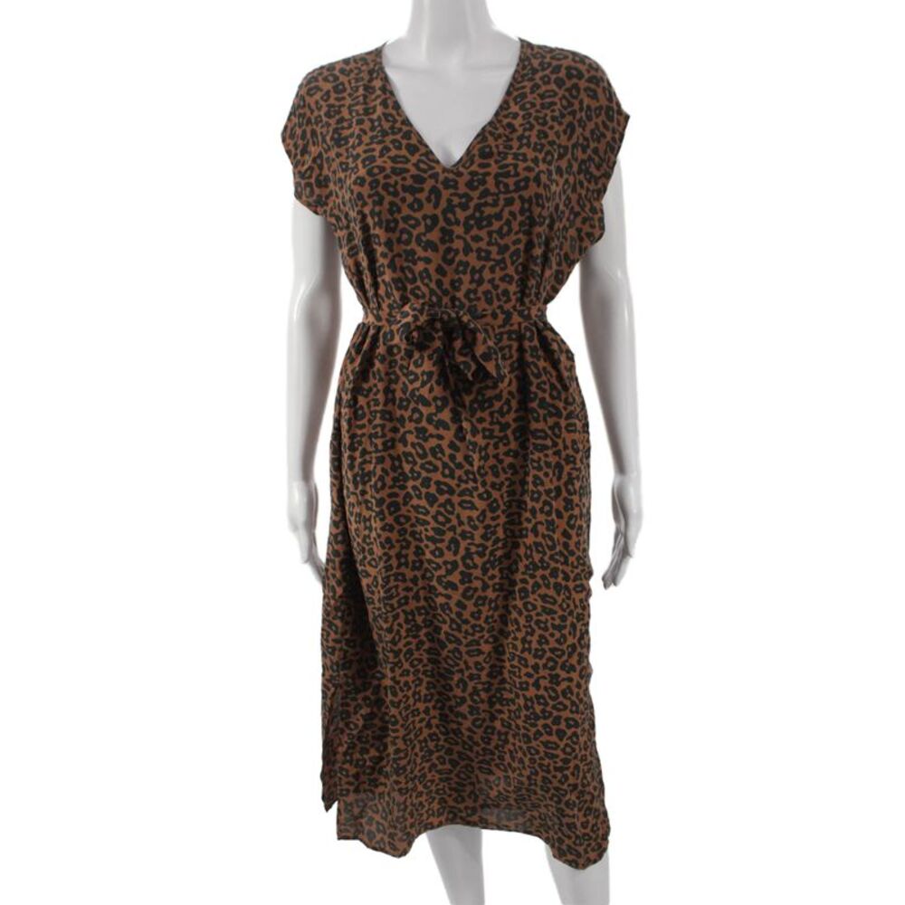 Amour Vert Womens Silk Animal Print V-Neck Shift Dress Short Sleeve Size XS